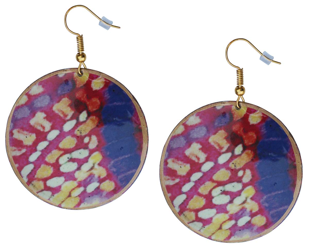 2.5” Round Brass Hook Earrings in Blue Pink Abstract Pattern - Drop Earrings / Accessories for Her - Buy in Bulk Wholesale